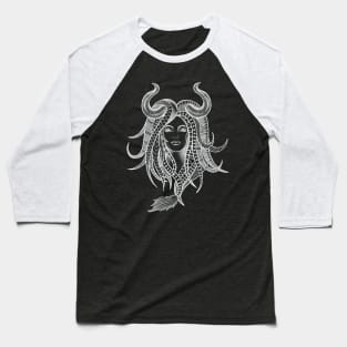 Confident Taurus Woman with Horns and Geometrical Tattoo Design Baseball T-Shirt